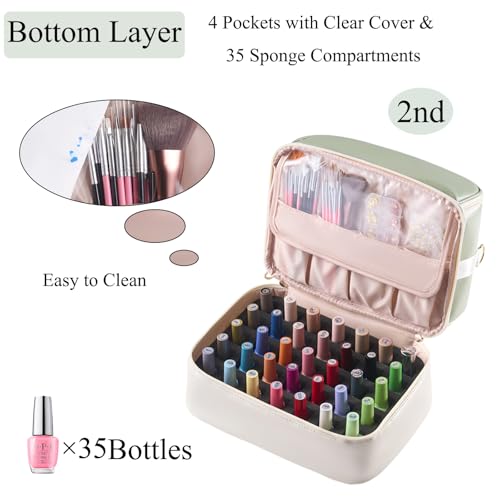 Nail Polish Organizer Holds 35 Bottles & Nail Lamp, Nail Organizers and Storage, Double Layer Nail Bag with Handle & Shoulder Strap for Travel, Nail Supplies Organizer for Manicure Kit (Green+Beige) - color: Green+Beige (35Bottles）