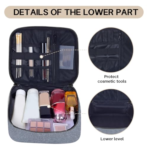 Double Layer Makeup Bag with Adjustable Dividers,Gray - color: Grey