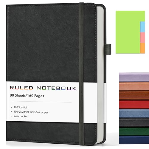 Lined Journal Notebook, A5 Hardcover Leather Journals for Writing, 160 Numbered Pages, 5.7'' x 8.3'' Journaling Notebooks for Men Women, Thick Paper College Ruled Journal for Work Office School, Black - color: Black, size: Lined