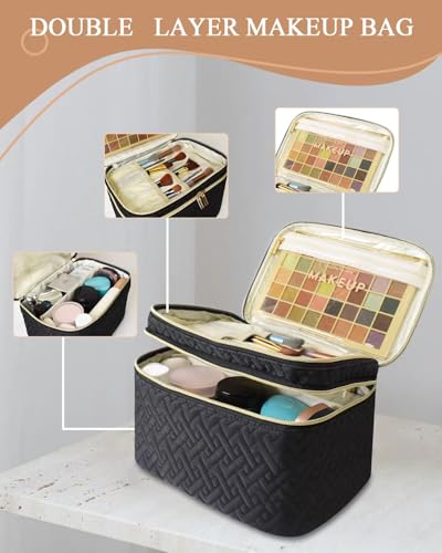 Makeup Bag Organiser for Women, Large Double Layer Cosmetic Make Up Bag - color: Black