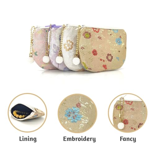 Handmade Women Coin Purse Brocade Wallet Zipper Rosary Pouch Silk Jewelry Bag - Wheat - color: Wheat