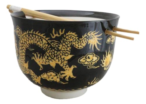Ebros Gift Artistic Donburi Ramen Udon Noodles Soup Salad 5" D 18Oz Bowl With Bamboo Chopsticks And Built In Rest Set Asian Dining Kitchen Accent (Black And Yellow Oriental Dragon King) - color: Black And Yellow Oriental Dragon King