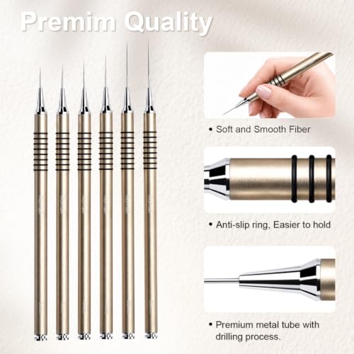 Komall Metallic Nail Art Brushes, 6Pcs Non-slip Liner Brushes Set, Gold - color: Gold