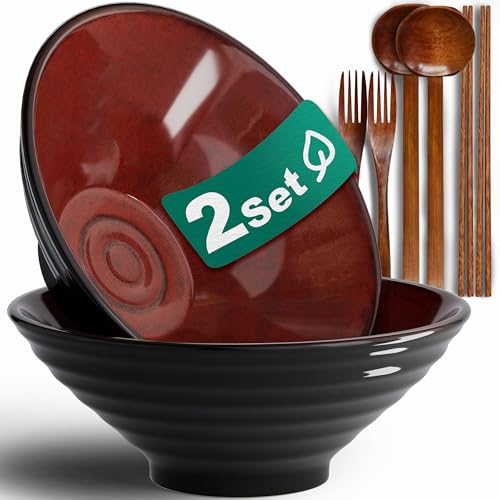 8-Inch 2 Sets Ceramic Ramen Bowl (8 Piece) - Japanese Porcelain Dishwasher Microwave Safe Salad Noodles Cereal Pasta Soup Large Bowls with Chopsticks Forks Spoons for Men Women Housewarming Gift - color: B:Red&Black, size: 8 INCH 2 Set