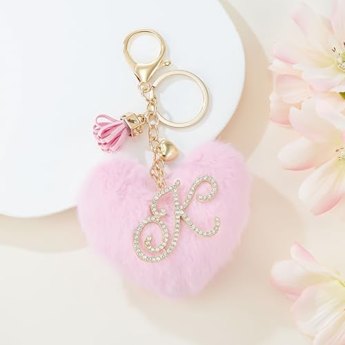 Initial Letter Heart Pom Pom Keychain for Women Pink Soft Fluffy Ball Key Ring for Purse Backpack Handbag - color: K