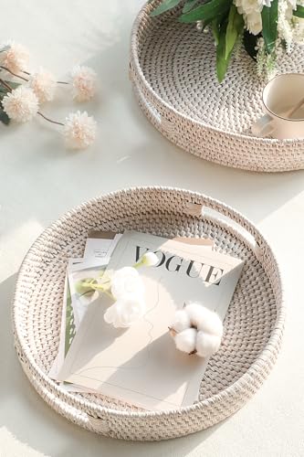 HITOMEN Hand-Woven Round Rattan Serving Tray Decorative Ottoman Wicker Platter with Handles for Coffee Table, Breakfast, Drinks, Snack, Bread, Fruit, Vegetables (Whitewash Set of 2: M+L) - color: Whitewash, size: Medium (11.8 inches)/Large (14.2 inches)