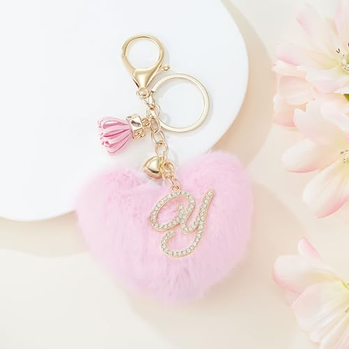 Initial Letter Heart Pom Pom Keychain for Women Pink Soft Fluffy Ball Key Ring for Purse Backpack Handbag - color: Y