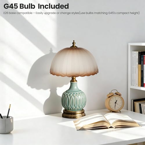 Vintage Green Ceramic Small Table Lamp with Amber Glass Shade - color: Amber
