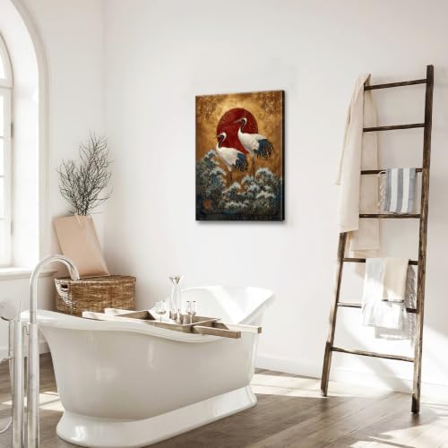 Japanese Crane Wall Art Gold Oriental Asian Wall Decor Sandhill Crane Canvas Pictures Paintings Prints Japan Traditional Aesthetic Artwork Framed Chinese Decorations For Bedroom Living Room Office Gifts 16" x 24" - color: Gold Crane, size: 24"L x 16"W