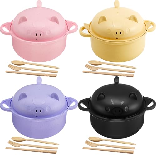 4 Sets Large 45oz Cute Pig Ramen Bowl Set Microwavable Multicolor - color: Multicolor