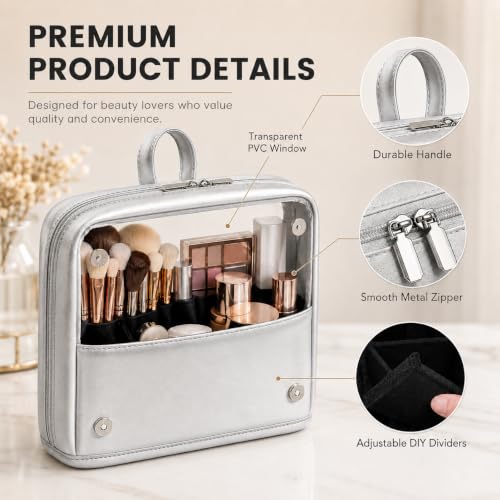 YDR Standing Makeup Brush Bag - Clear Portable Travel Cosmetic Pouch, Large Capacity Foldable Makeup Brush Holder, Water-Resistant Professional Makeup Tool Case for Women & Artists (Silver) - color: silver