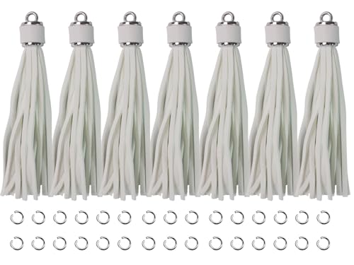 4.3''White Leather Tassels 12Pcs with Silver Caps for Keychains - color: White