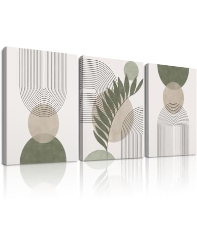 HesenDot 40x60CM Sage Green Boho Wall Art, Botanical Geometric Framed Canvas Bathroom Wall Art, Mid-Century Modern Wood Frame Abstract Prints for Living Room Bedroom Bathroom Home Decor, Set of 3 - color: Sage Green-Framed, size: 24"L x 16"W