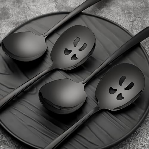 Serving Spoons Set 9.14 Inch Slotted Spoon Serving Spoon Stainless Steel Serving Utensils for Buffet Catering Dishwasher Safe(Set of 6, Black) - size: 3 Spoons, 3 Slotted,Black