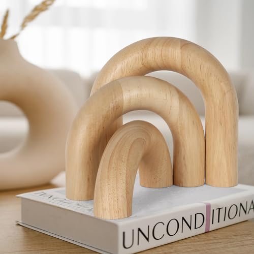 3 Pieces Wood Arch Decor, Wooden Coffee Table Accents, Neutral Home Aesthetic Bookshelf Decoration, Desk Objects, Natural Modern Boho Decor for Living Room Entryway - color: Natural