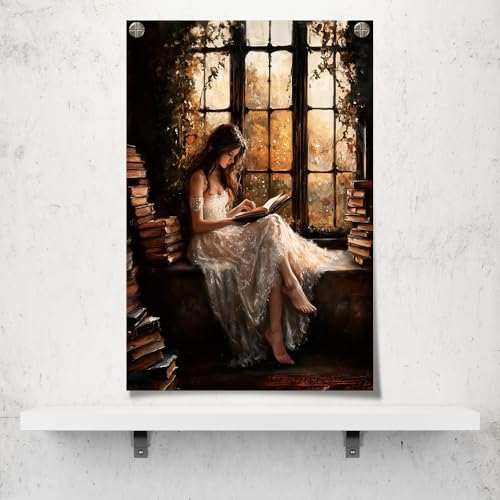 uoyien Vintage Victorian Girls Reading Portrait Canvas Wall Art Prints Dark Academia Cottagecore Pictures Wall Decor Moody Bookish Paintings Artwork for Library Reading Room Bedroom 12x16in Unframed - color: Brown, size: 12x16in Unframed