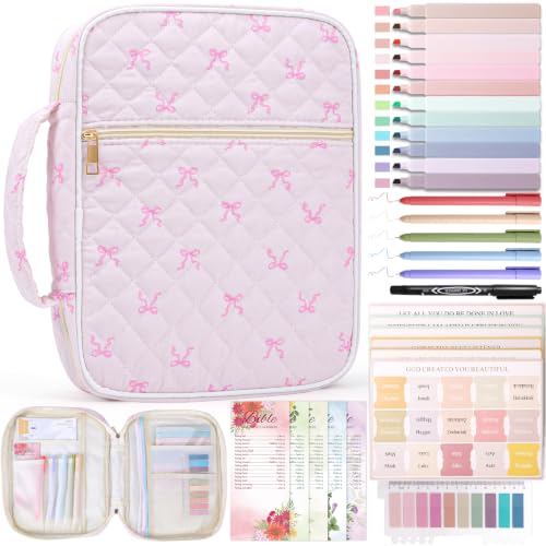 XKDOUS Bible Cover for Women Bible Bag Kit Church Book Holder Carrying Case - color: Pink Bow