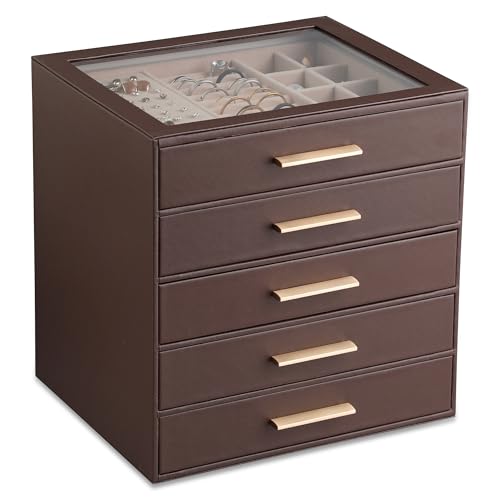 Frebeauty Jewelry Box for Women,Clear Lid Jewelry Organizer with 5 Drawers - color: Dark Brown, size: 5 Drawer