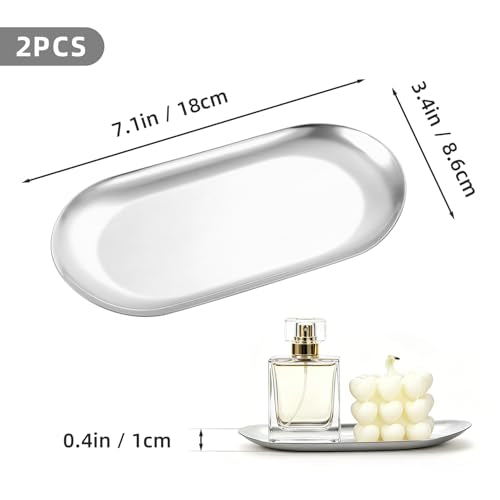 2 Pcs 7" Stainless Steel Decorative Tray Oval Jewelry Dish Cosmetics Organizer Bathroom Vanity Serving Platter Small Storage Trinket Ring Holder for Perfume Candle Key (Silver) - color: Silver