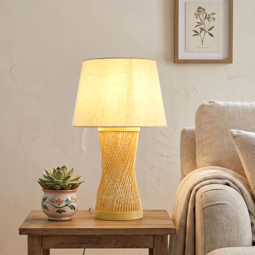 Boho Table Lamp, 17" Bamboo Bedside Lamp for Living Room