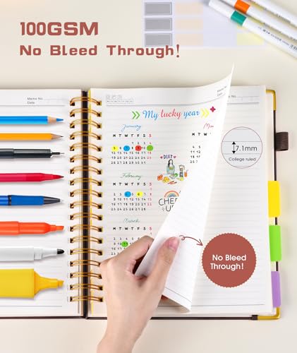 Hardcover Spiral Notebook Journal with Removable Dividers Tabs, 300 Pages Leather 5 Subject Notebook College Ruled, 8"x10" Large B5 Notebooks for Work School Note taking, Lined Journal for Women,Brown - color: Brown, size: 8"x10"