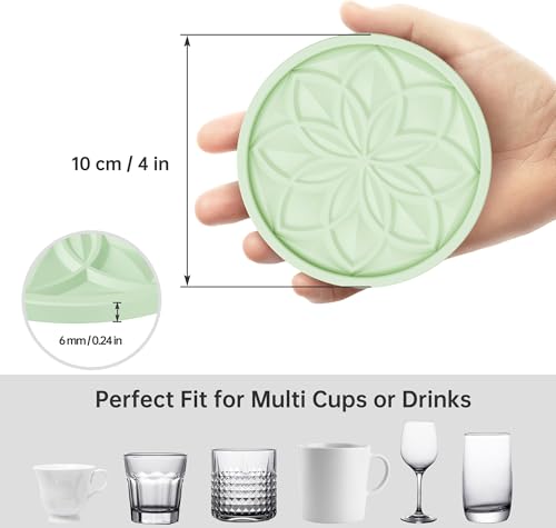 HFHOME Silicone Coasters Set for Drinks - 6 Pack With Holder, Table Cup Mat for Coffee Table, Desk, Bar - Tabletop Protection Gift - Nyanza Green - color: Nyanza Green