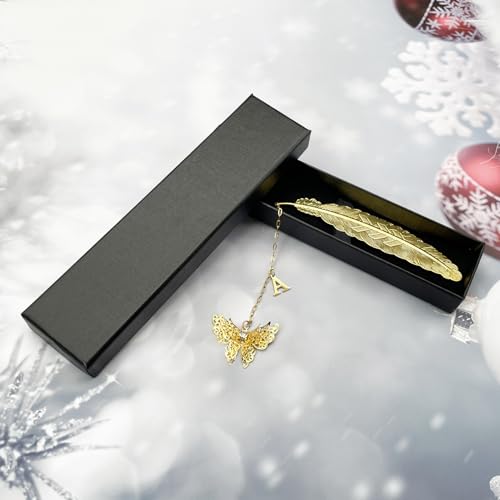 Initial Letter and Butterfly Charm Metal Feather Bookmark (Gold-A) - style: Gold-A