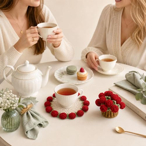 Crochet Flowers Coasters with Basket,Handmade Rose Bouquet Blanket Kawaii Decor Coaster for Desk,Coffee Table,Home Decor,Wedding Gift,Housewarming,Birthda(2Pcs) (Red) - color: Red
