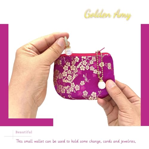 Handmade Women Coin Purse Brocade Rosary Bag Silk Jewelry Pouch Zipper Wallet - Magenta - color: Magenta