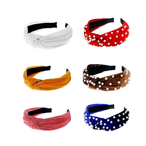 LOVNFC Womens Headbands, 6Pcs Knotted Head Bands No Slip Fashion for women Girls Wide Top Knot Turban Hair Bands Velvet Hair Hoops Hairband (red blue brown) - color: Pure color with pearl C