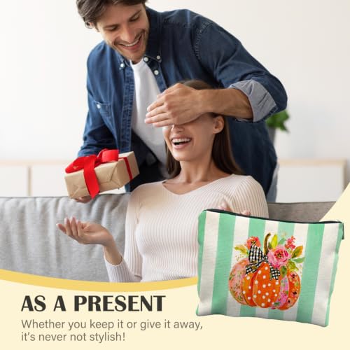 Preppy Fall Pumpkin Linen Makeup Bag Gifts for Women - color: fall pumpkin