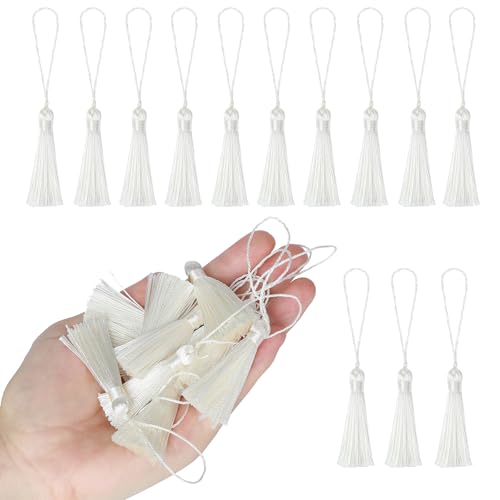 48Pcs Mini Bookmark Tassels Handmade Keychain Silky Tassel - color: Cream