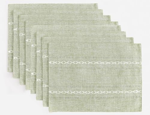 Wracra Cotton Linen Place Mats, Sage Green Embroidered Placemats Set of 8 - color: Hemstitched Sage Green, size: Placemats(Set of 8)