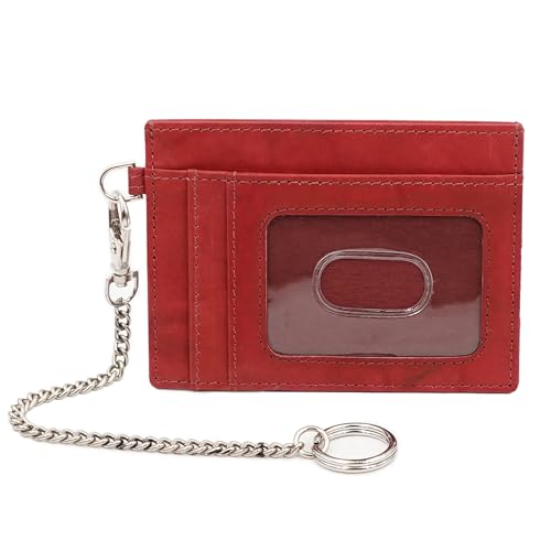 Leather Credit Card Holder with Keychain, Slim RFID Wallet (Burgundy) - color: Burgundy