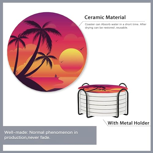 Drink Coasters Set of 6 with Holder,Beach Palm Trees Sunset Landscape Absorbent Ceramic Coasters with Cork Base,Fit All Cups,Tabletop Protection Mat for Mugs and Cups,Office,Kitchen - color: Beach Palm Trees Sunset Landscape