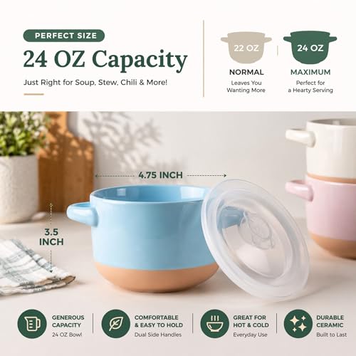 AmorArc 24 Ounces Soup Bowls with Large Handles and Lids, Stoneware Bowls Set of 2 for Soup, Cereal, Stew, Noodle, Colourful Ceramic Kitchen Bowls, Microwave&Dishwasher Safe, Blue&Pink - color: Pink& Sky Blue, size: Set of 2
