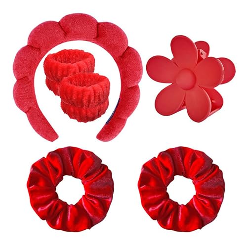 Spa Headband Set Washing and makeup sponge hair hoop suit bath towel cloth for cleaning the face or bath beam. (Red, Average code) - color: Red