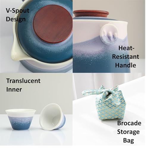 Hermit Life Chinese Travel Tea Set, Portable Ceramic Teapot for One to Two, Gongfu Tea Set with Color Gradient Design, 1 Pot 2 Cups, Gift for Tea Lovers (Azure Coast) - color: Azure Coast