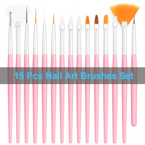 15PCS Nail Art Brush Set with 10 Nail Holders, 72PCS Nail Tips & 192PCS Adhesive Tabs, Pink Professional Nail Design Kit with Tweezers for Acrylic Gel Nail Art DIY Salon