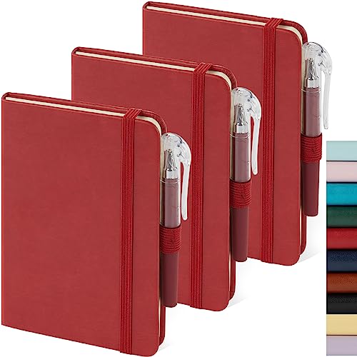 NIRMIRO Small Notebook Journal with Pen, 3 Pack, 3.7" x 5.7", A6 Pocket Lined Notebook for Women/Men Writing Work Travel, Waterproof Leather Cover Notebook, Red - color: 3 Red, size: A6