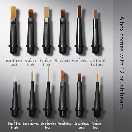 12 Pcs Nail Polish Brush Set, Replaceable Nail Art Brushes Heads Kit with Wooden Handle for Gel Nail Polish, French Tip, Liner Painting, Home Salon DIY Manicure Use