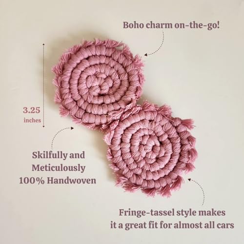 Cotton Car Coasters for Cup Holders, 2PC Car Cup Coasters, Drink Coaster Holder, Cute cupholder Coaster Accessories for Women, Macrame, Boho(Champagne Pink) - color: Champagne Pink