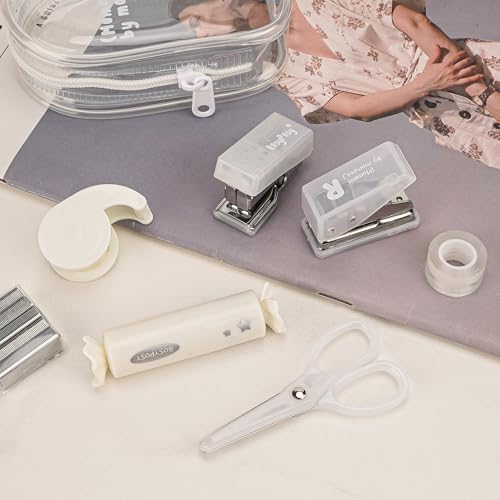 7-Pieces Clear Desk Organizer Set - with Stapler, Hole Punch, Tape Dispenser, Scissors & Highlighters, Transparent Office Supplies Kit for Home Office, School & Workspace - color: White