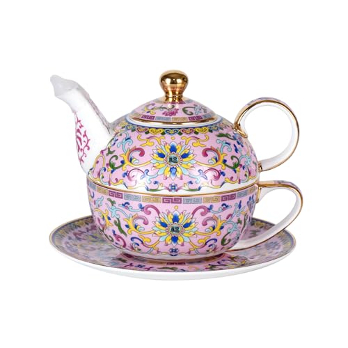 KAMMAK Tea for One Set, Ceramic Teapot, Bone China Tea Set, Cup and Saucer - color: Pink