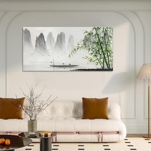Winpeak Art Traditional Chinese Painting Black and White Landscape Canvas Wall Art Bamboo Artwork - size: 48"L x 24"W