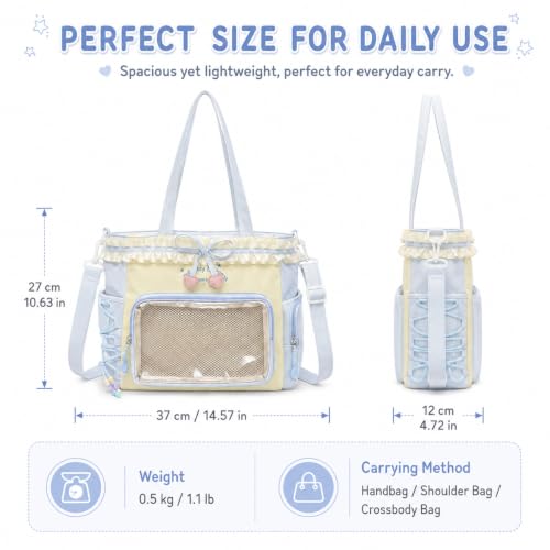 Kawaii Ita Bag with Ruffle Trim, Cute Color Block Crossbody Bag, Pin Display Shoulder Bag with Insert Y2k Style - color: Blue / Yellow