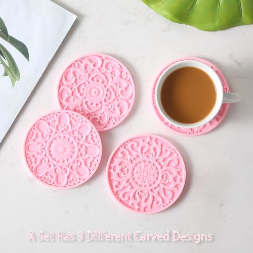 Colinda Silicone Coasters - Set of 6 with Holder, Non-Slip Cup Mats for Hot and Cold Drinks, Decorative Designs, Gift Ready Packaging, Pink - color: Pink