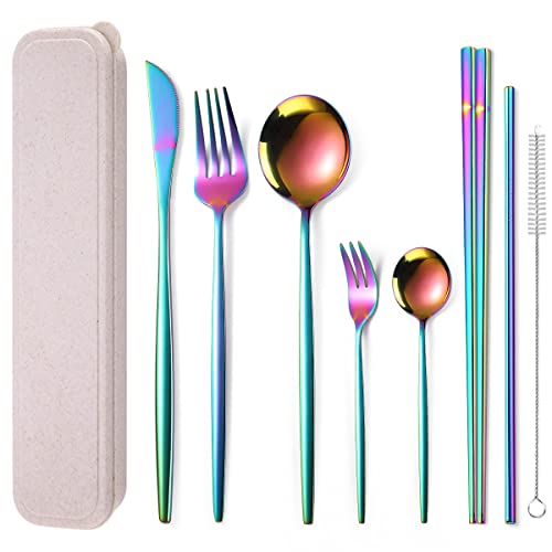 AARAINBOW 8 Pieces Stainless Steel Flatware Set Portable Reusable Cutlery Set Travel Utensils Set Including Chopsticks Knife Fork Spoon Straws Cleaning Brush Dishwasher Safe (Multicolored) - color: Multicolor