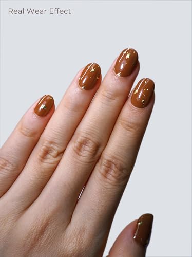 Real Gel Nail Strips (No UV Light Needed) - 44Pcs Salon Quality Nail Stickers - Long Lasting Polish Wraps for Women, Easy Apply & Remove (Brown Metallic) - color: Brown Metallic Flakes