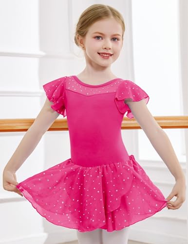 Zaclotre Girls Ballet Leotards Ruffle Sleeve Sparkle Dance Leotard - color: Hot Pink, size: 8-9 Years